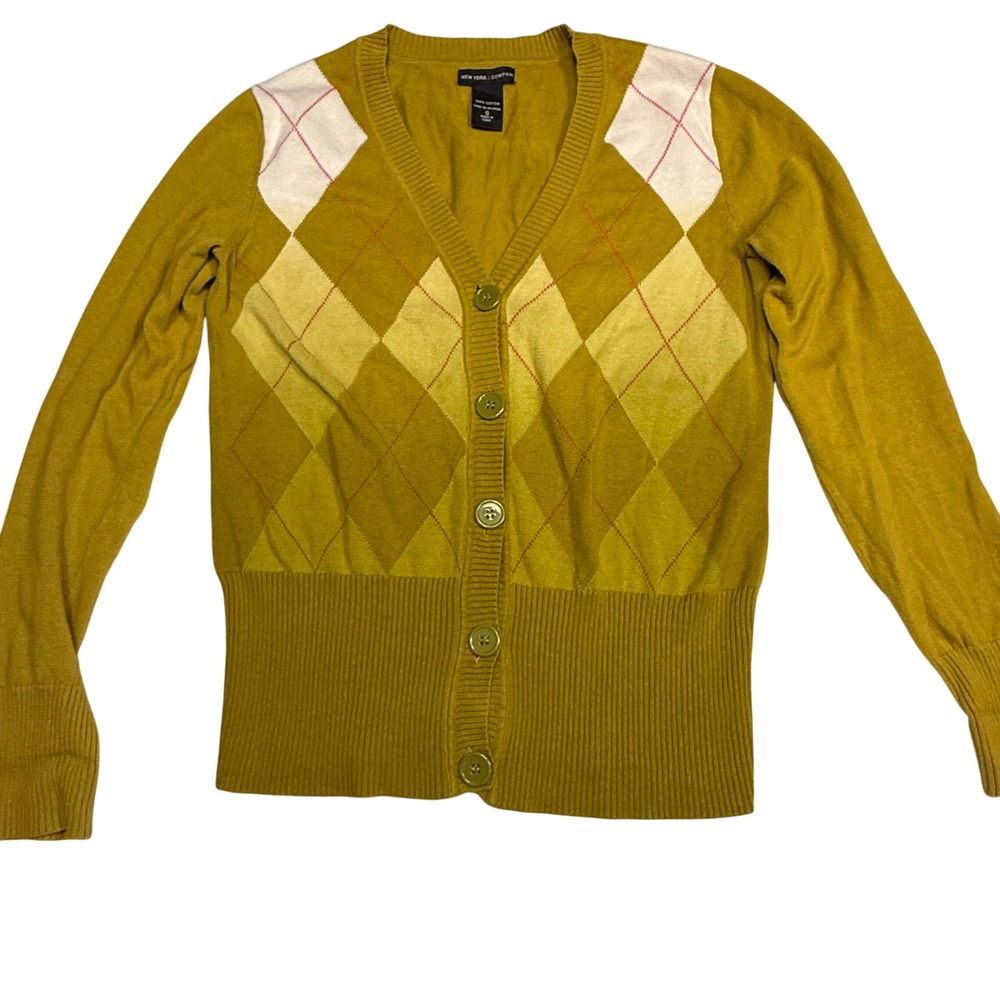 New York & Company Mustard Argyle Button Cardigan